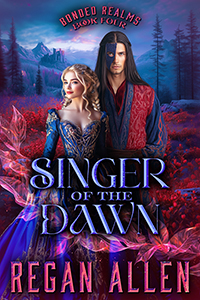 Cover for Singer of the Dawn, a closed-door fantasy romance by Regan Allen, showing a woman in a gorgeous medieval gown standing next to a man with a mask covering half of his face